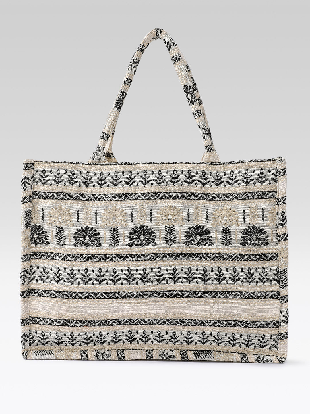 PRIMROSE Woven Tote Bag, Beige and Black, Ethnic Print, Cotton Fabric