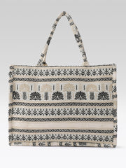 PRIMROSE Woven Tote Bag, Beige and Black, Ethnic Print, Cotton Fabric