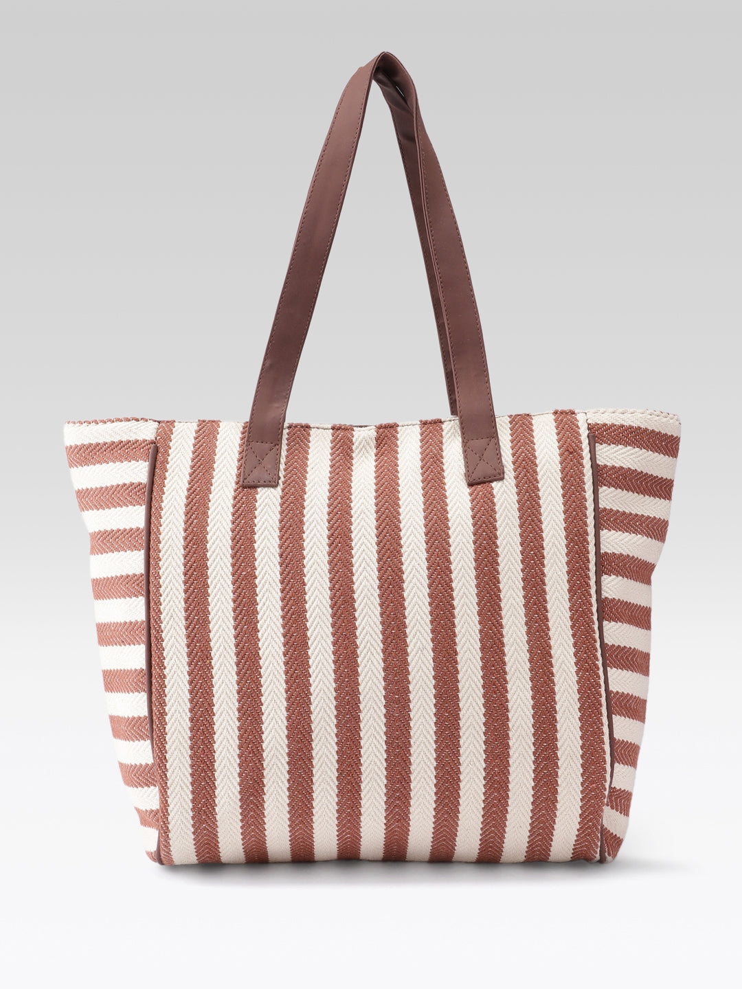 PRIMROSE Striped Tote Bag, Brown and Cream Vertical Stripes, Tassel Charm Detail
