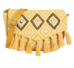 PRIMROSE Ethnic Boho Shoulder Bag for Women, Woven Fabric with Tassels, (YELLOW)