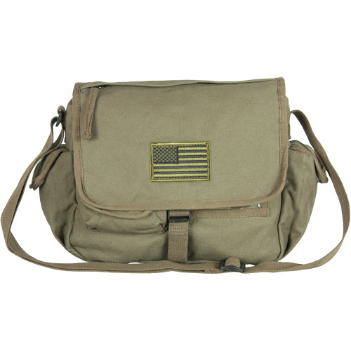 Heavy Duty Cotton Canvas 22 OZ, Retro Messenger Bag, Olive Drab, Style: USA Flag