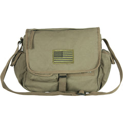 Heavy Duty Cotton Canvas 22 OZ, Retro Messenger Bag, Olive Drab, Style: USA Flag