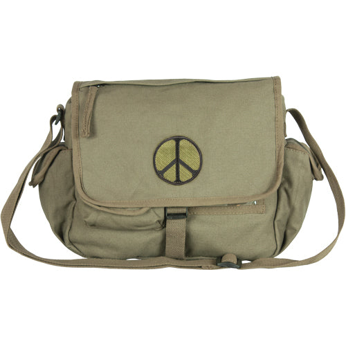 Heavy Duty Cotton Canvas 22 OZ, Retro Messenger Bag, Olive Drab, Style: Peace Sign