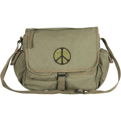 Heavy Duty Cotton Canvas 22 OZ, Retro Messenger Bag, Olive Drab, Style: Peace Sign