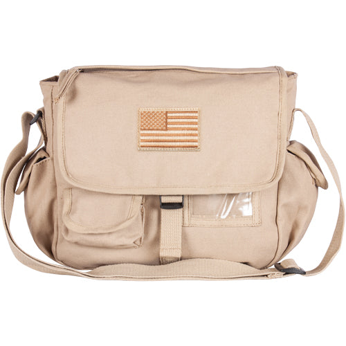 Heavy Duty Cotton Canvas 22 OZ, Retro Messenger Bag, Khaki, Style: USA Flag
