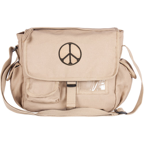 Heavy Duty Cotton Canvas 22 OZ, Retro Messenger Bag, Khaki, Style: Peace Sign