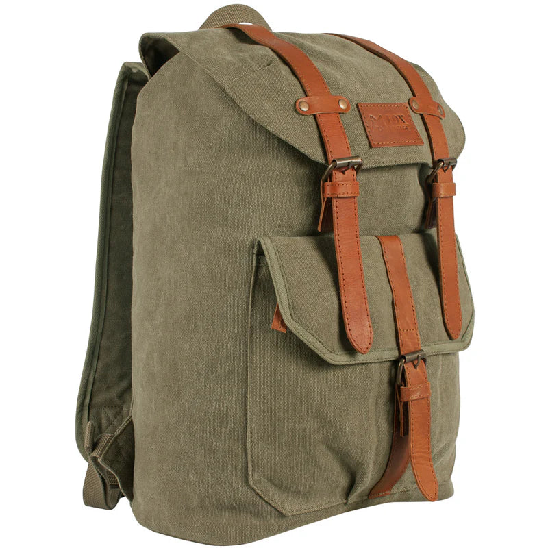 Retro Madridian Rucksack 22 OZ Backpack, Olive Drab With Real Leather Trim