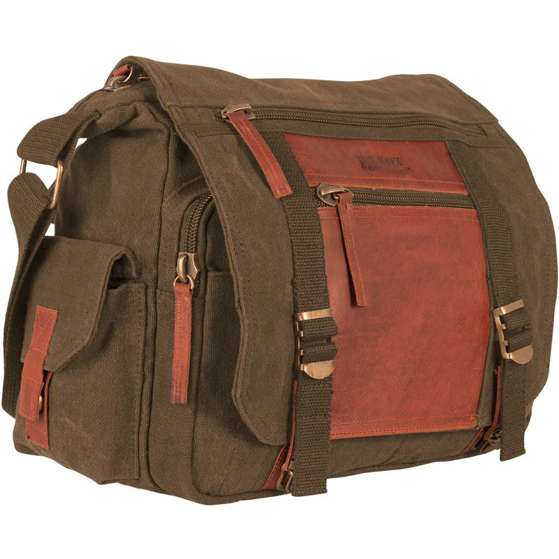 Heavy Duty Cotton Canvas 22 OZ, Deluxe Concealed-Carry Messenger Bag, Vintage Brown, With Real Leather Trim