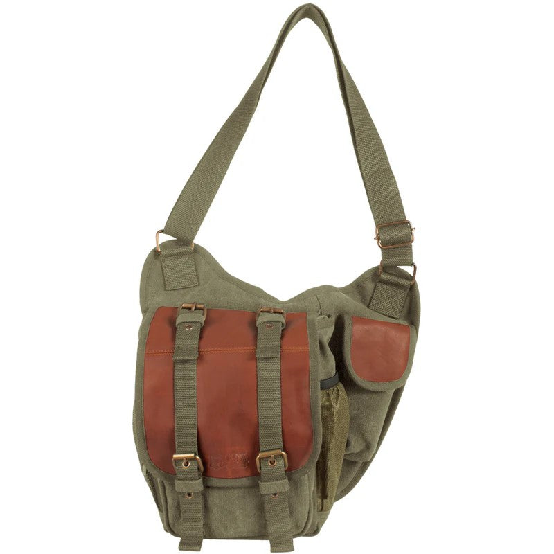 Heavy Duty Cotton Canvas 22 OZ, Retro Hipster Side-Bag, Olive Drab With Real Leather Trim