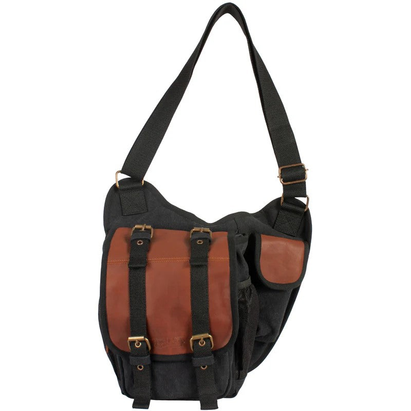 Heavy Duty Cotton Canvas 22 OZ, Retro Hipster Side-Bag, Black With Real Leather Trim