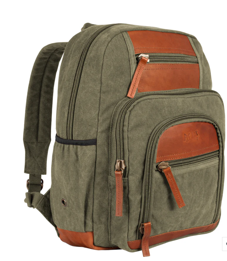 Retro Londoner Commuter Daypack 22 OZ Backpack, Olive Drab With Real Leather