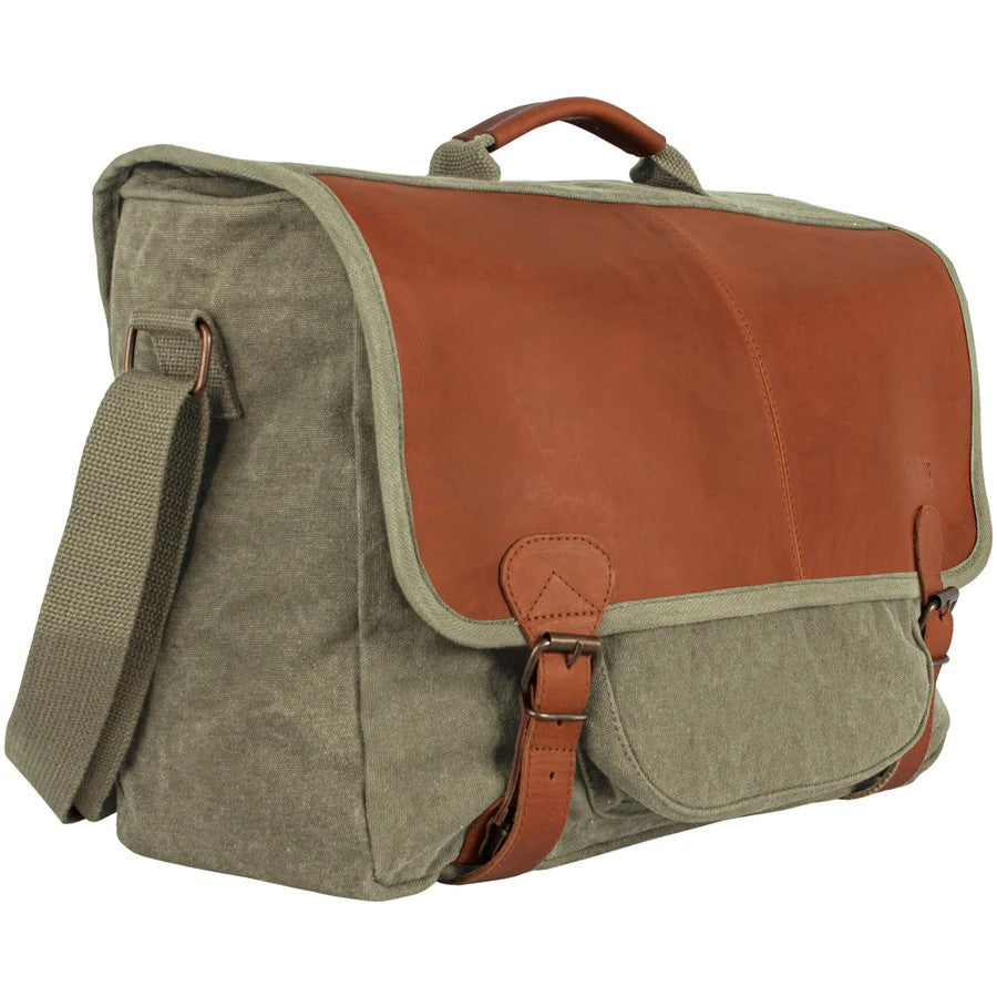 Heavy Duty Cotton Canvas 22 OZ, Graduate Satchel Briefcase, Olive Drab With Real Leather Trim