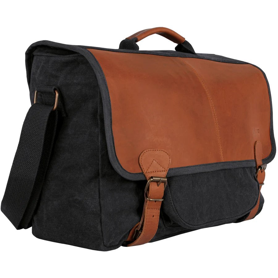 Heavy Duty Cotton Canvas 22 OZ, Graduate Satchel Briefcase, Black With Real Leather Trim