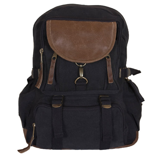 Heavy Duty 22 OZ Cotton Canvas Backpack with Real Leather Trim, Black,Vintage Style, Multiple Compartments