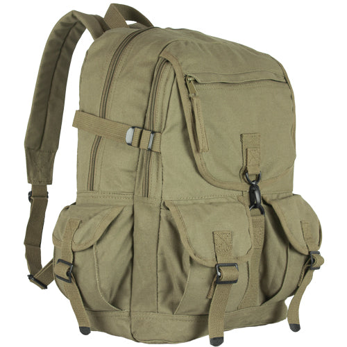 Heavy Duty Cotton Canvas 22 OZ  Backpack, Olive, Multiple Pockets, Vintage Style, Adjustable Straps, Travel Hiking