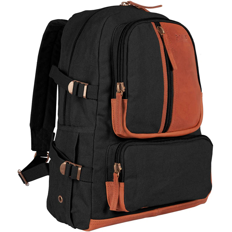 Retro Vintage Airman’s Rucksack 22 OZ Backpack, Black with Real Leather Trim