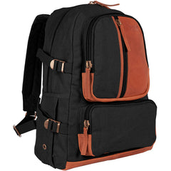 Retro Vintage Airman’s Rucksack 22 OZ Backpack, Black with Real Leather Trim