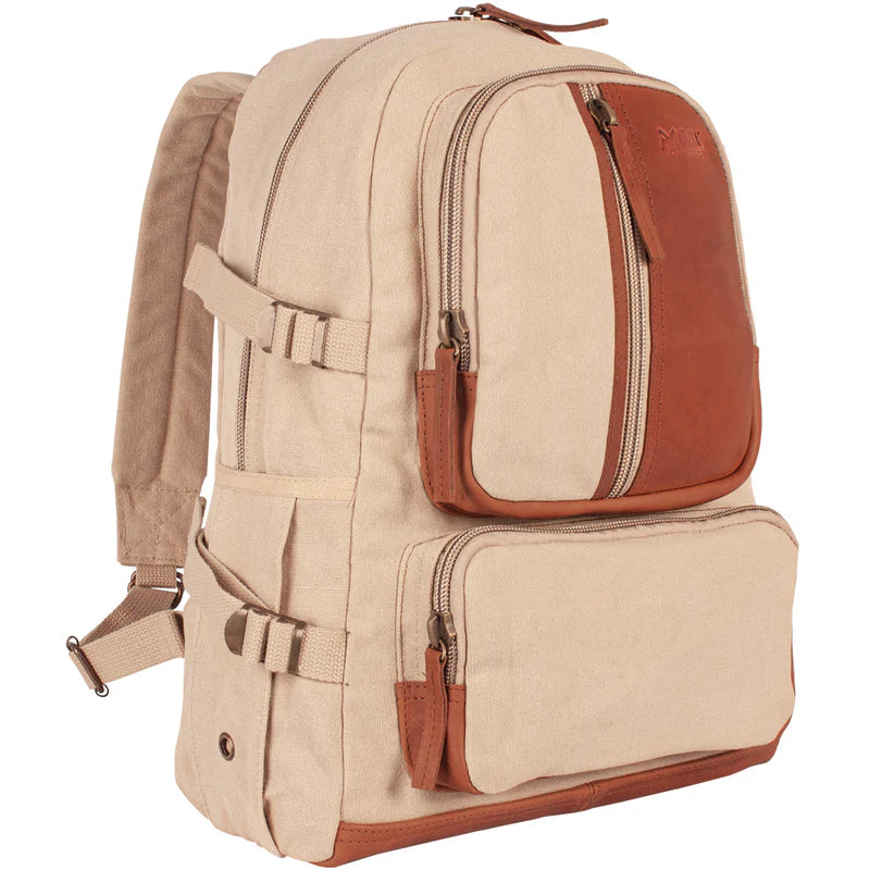 Retro Vintage Airman’s Rucksack 22 OZ Backpack, Khaki with Real Leather Trim
