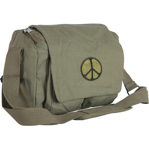 Heavy Duty Cotton Canvas 22 OZ, Retro Departure Shoulder Bag, Olive Drab, Style: Peace Sign