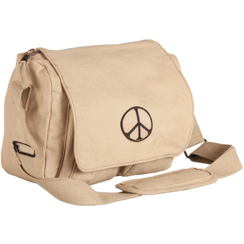 Heavy Duty Cotton Canvas 22 OZ, Retro Departure Shoulder Bag, Khaki, Style: Peace Sign
