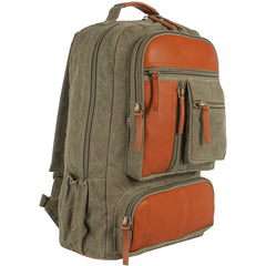 Cotton Canvas Backpack 22 OZ with Leather Trim, Olive Green, Multi-Compartment Travel Bag