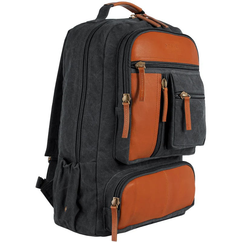 Cotton Canvas Backpack 22 OZ with Leather Trim, Black and Brown, Multi-Compartment Travel Bag