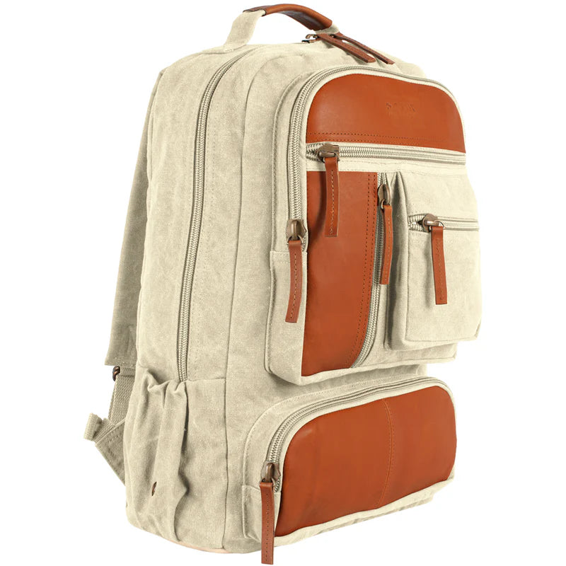 Cotton Canvas Backpack 22 OZ with Leather Trim, Khaki, Multi-Compartment Travel Bag