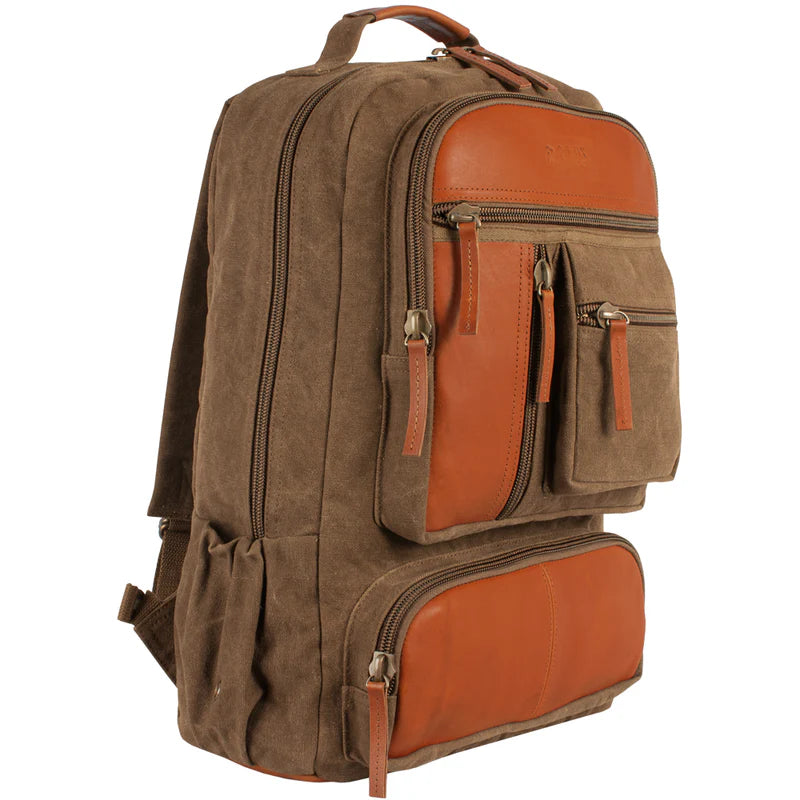 Cotton Canvas Backpack 22 OZ with Leather Trim, Brown, Multi-Compartment Travel Bag