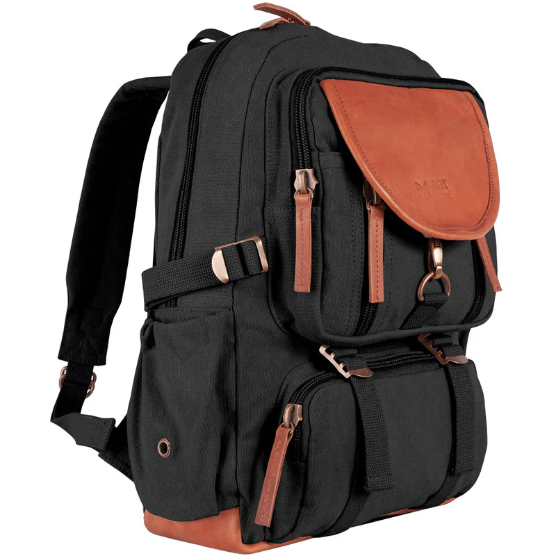 Heavy Duty 22 OZ Cotton Canvas Backpack with Real Leather Trim, Black,Vintage Style, Multiple Compartments