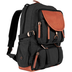 Heavy Duty 22 OZ Cotton Canvas Backpack with Real Leather Trim, Black,Vintage Style, Multiple Compartments