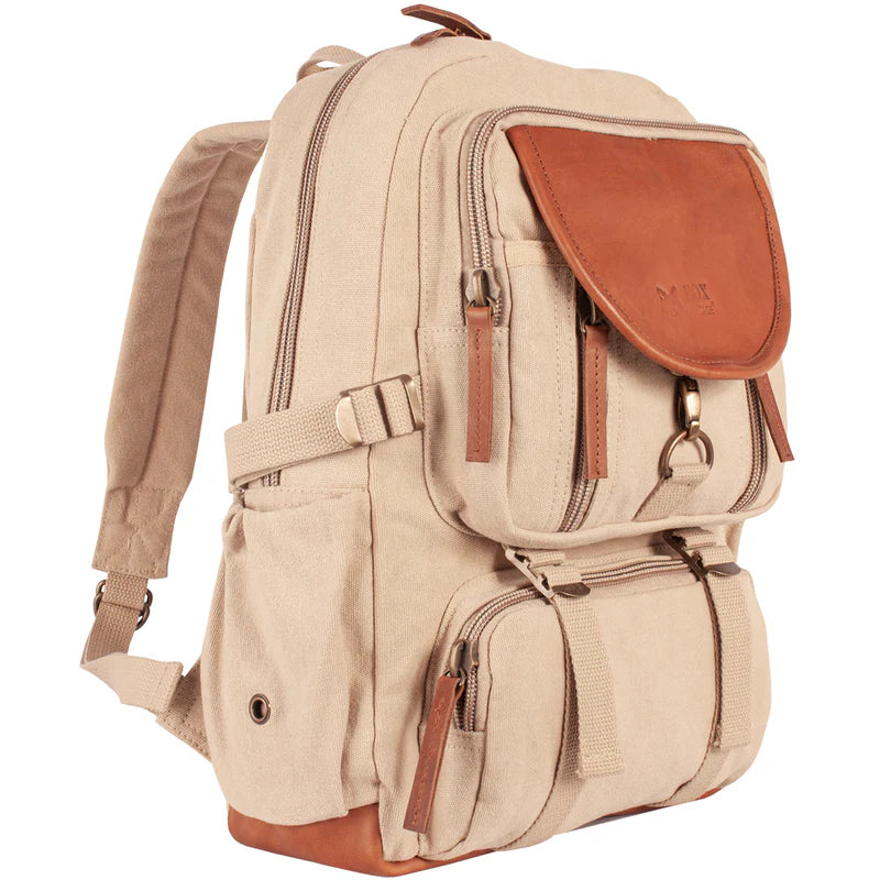 Heavy Duty 22 OZ Cotton Canvas Backpack with Real Leather Trim, Khaki ,Vintage Style, Multiple Compartments