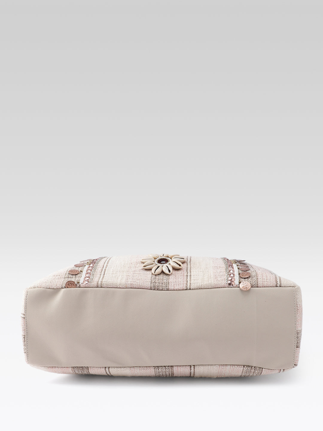 PRIMROSE Striped Tote Bag with Floral Embellishment, Beige, Jacquard, Shoulder Bag, Embroidered Design