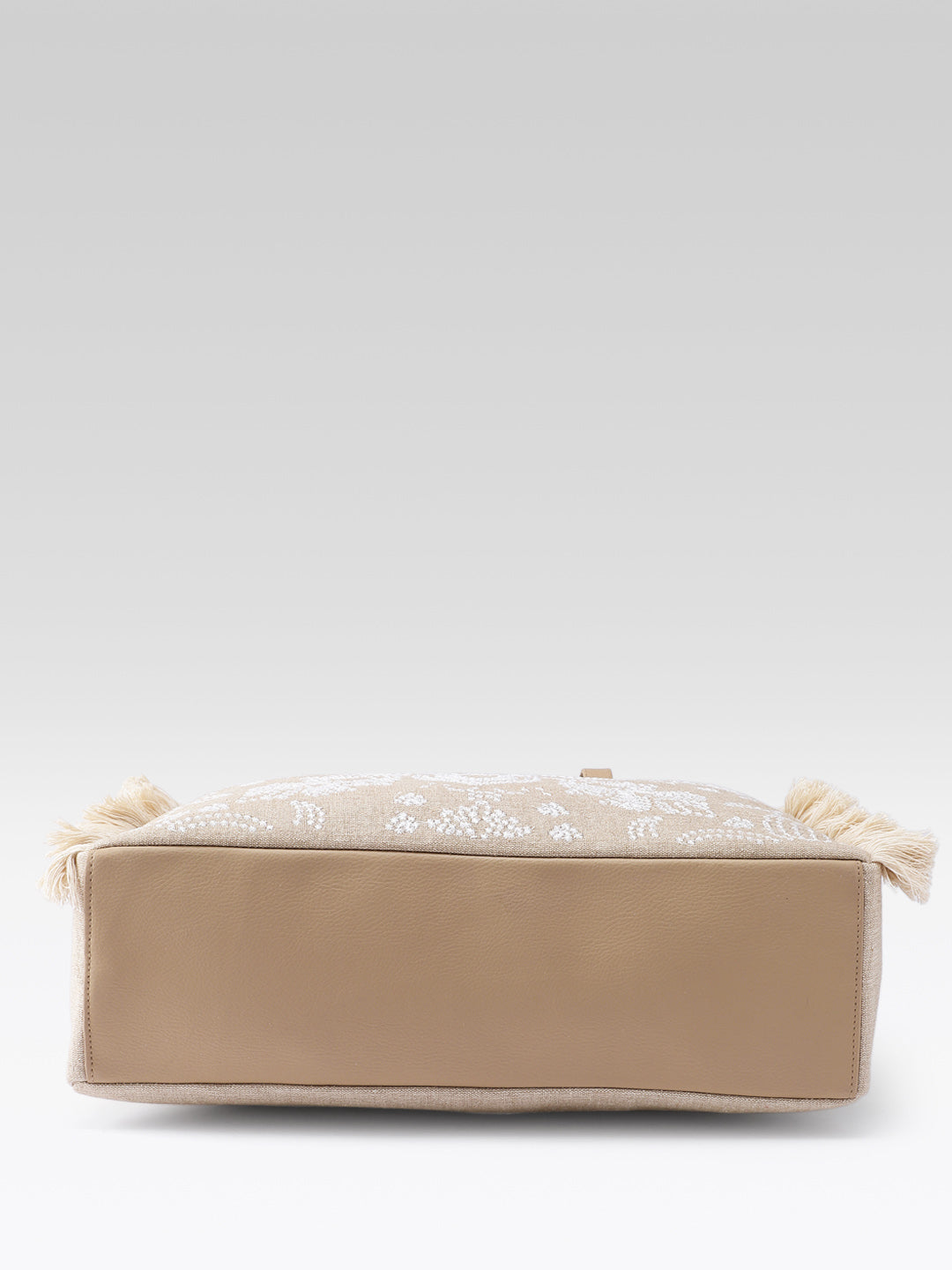 PRIMROSE Jute Tote Bag with Sequin Embellishment, Beige, Fringe Detail, Shoulder Handles