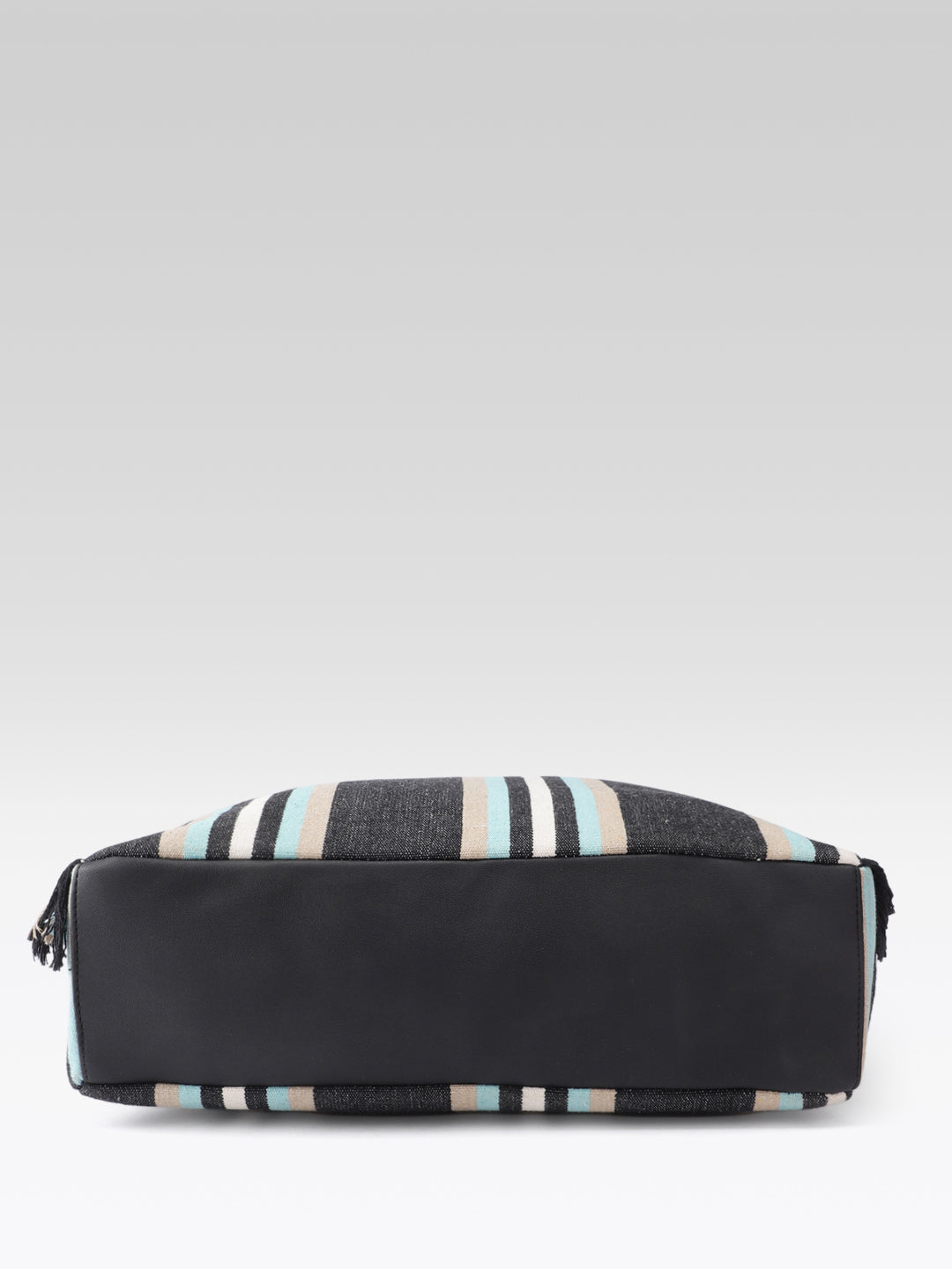 PRIMROSE Striped Beach Tote Bag, Jacquard Material, Black with Turquoise and Beige Stripes, Fringe Detail, Shoulder Straps