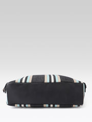 PRIMROSE Striped Beach Tote Bag, Jacquard Material, Black with Turquoise and Beige Stripes, Fringe Detail, Shoulder Straps