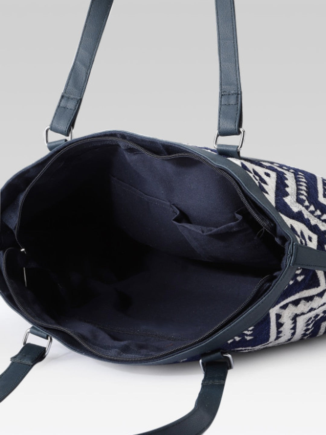 PRIMROSE Aztec Chevron Print Tote Bag, Navy Blue and White, Woven Fabric, Spacious Shoulder Bag