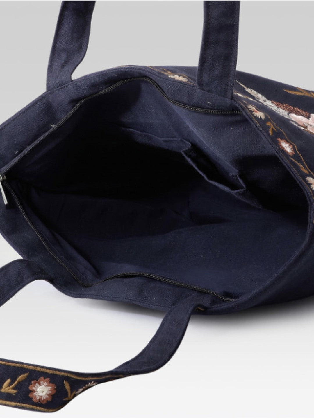 PRIMROSE Floral Embroidered Tote Bag, Navy Blue, Zipper Closure, Boho Style