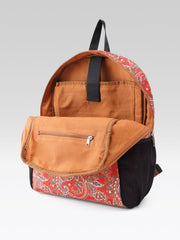 PRIMROSE Paisley Print Backpack, Red, Canvas with Suede Accent, Black Straps, Side Pockets