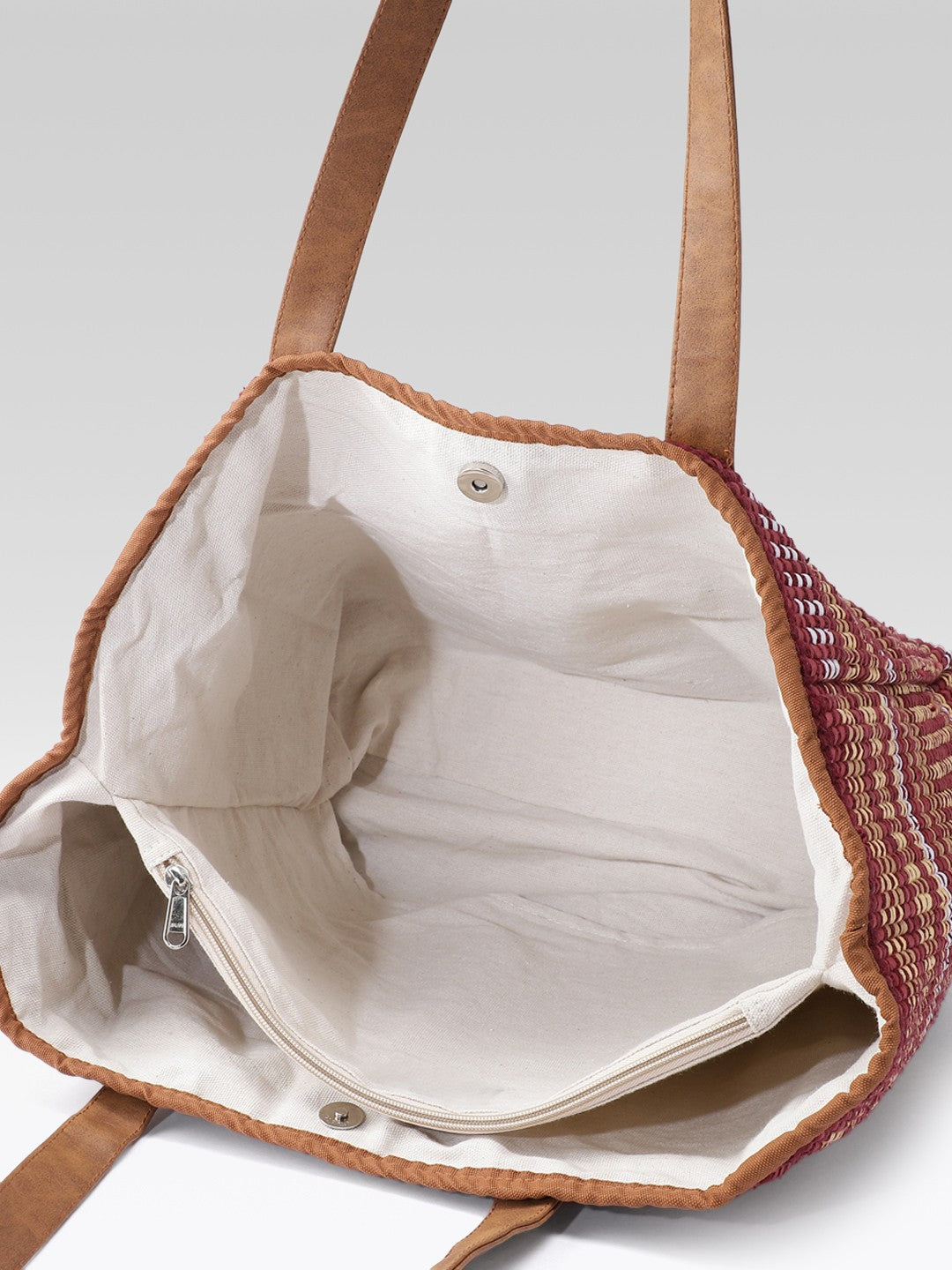 PRIMROSE Handwoven Tote Bag, Burgundy and Beige Striped Pattern