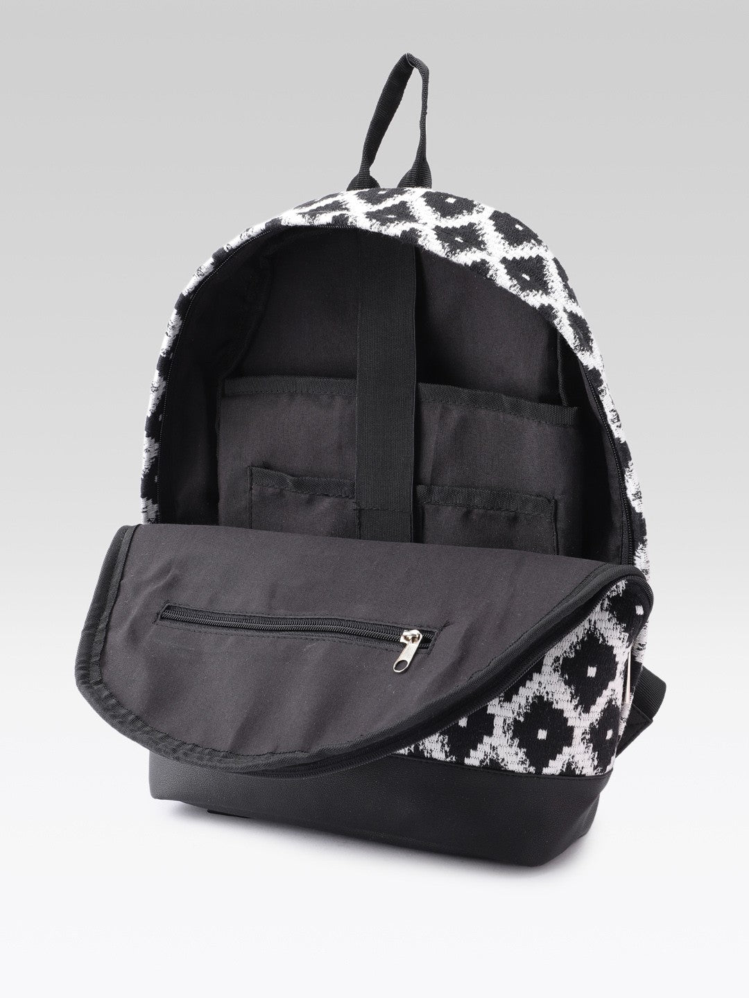 PRIMROSE Backpack with Geometric Diamond Pattern, Black and White, Adjustable Straps