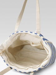 PRIMROSE Striped Tote Bag, Blue and Cream, Canvas Material, Patchwork Design, Shoulder Bag (Blue & Cream)