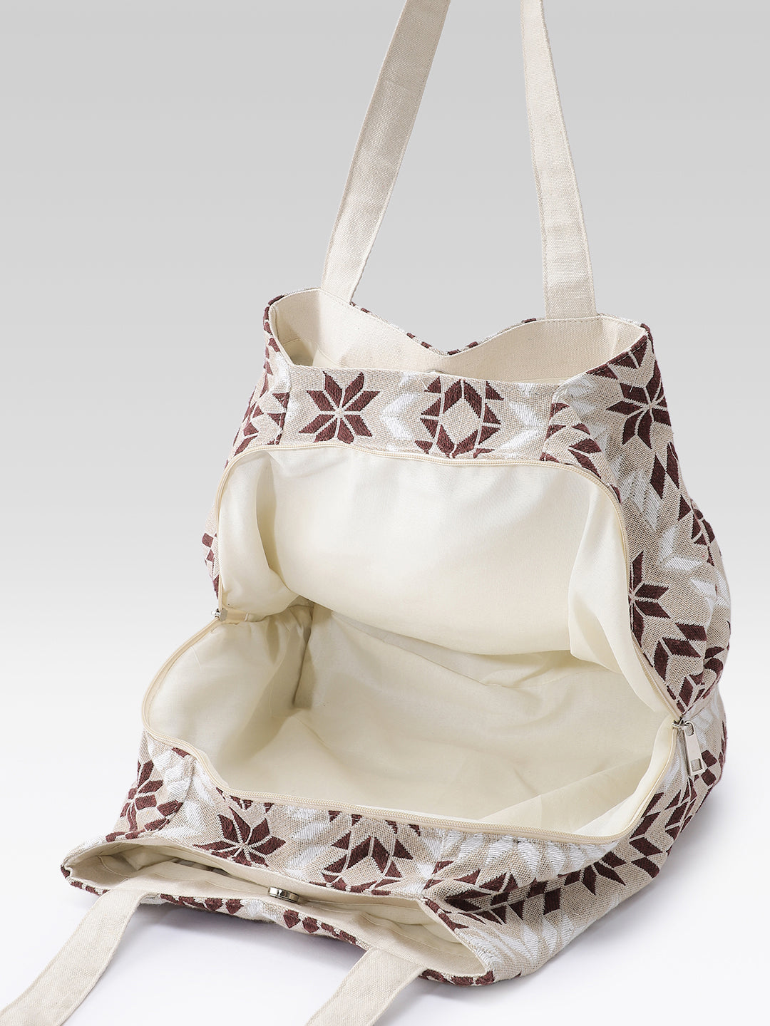 PRIMROSE Embroidered Tote Bag, Beige Brown White, Shoulder Bag with Decorative Straps