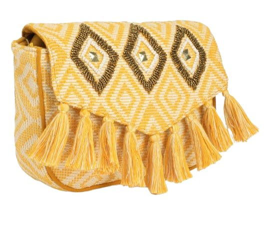 PRIMROSE Ethnic Boho Shoulder Bag for Women, Woven Fabric with Tassels, (YELLOW)