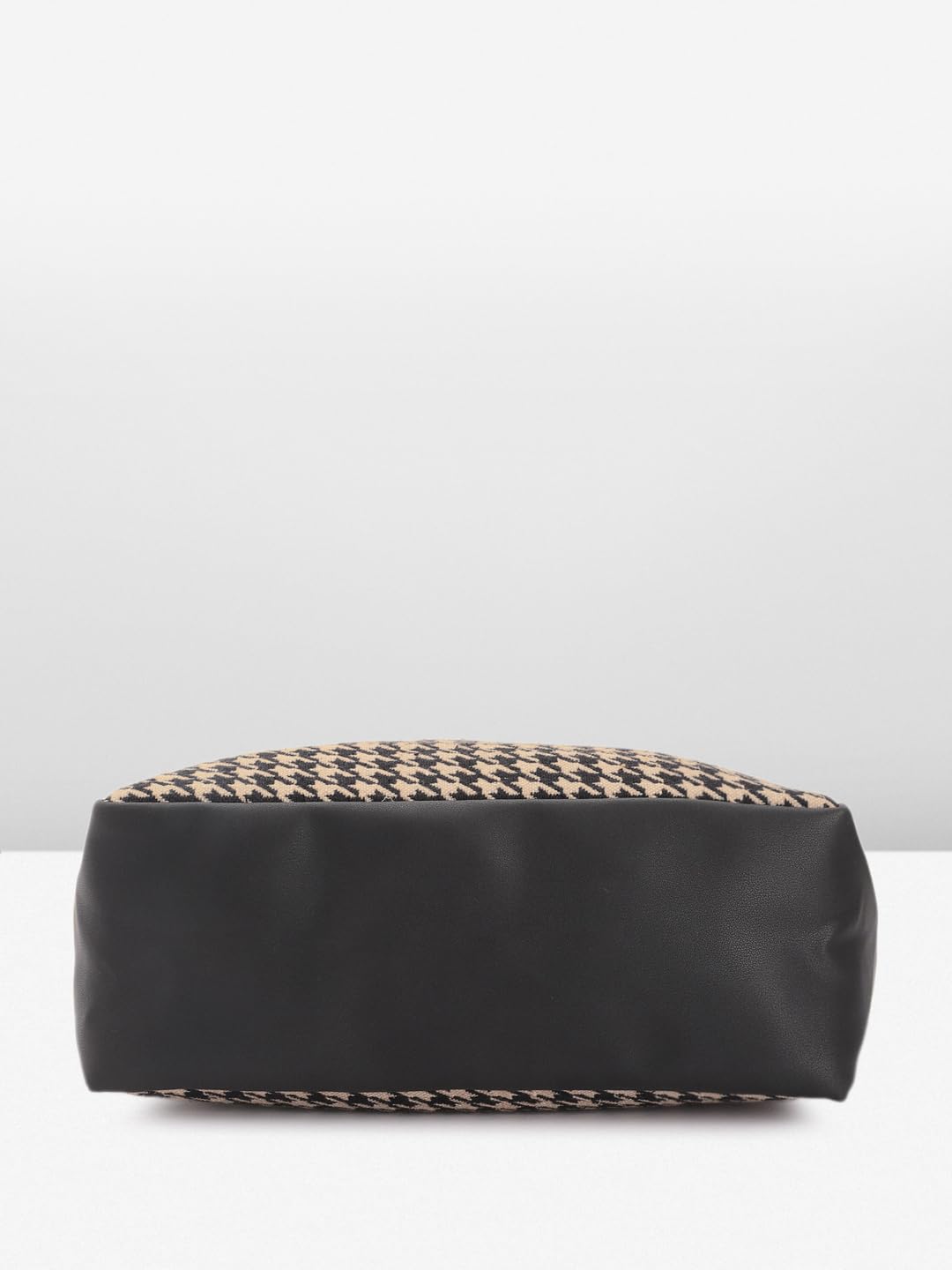 PRIMROSE Classic Houndstooth Pattern Tote Bag, Black and Beige, PU Leather Trim