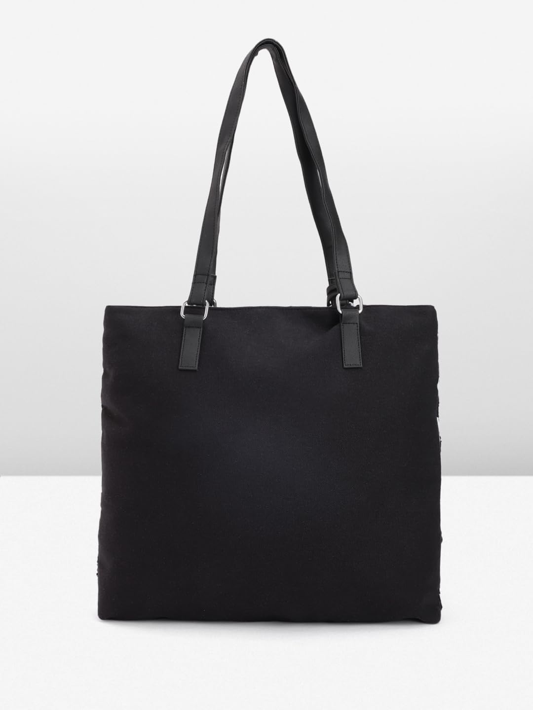 PRIMROSE Geometric Pattern Tote Bag with Matching Pouch, Black and White Print, Double Shoulder Straps