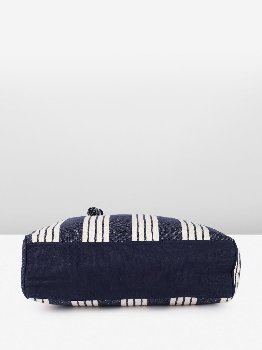 PRIMROSE Large Canvas Tote Bag, Navy Blue and White Striped Pattern, Decorative Tassel, Beach Shopping Handbag