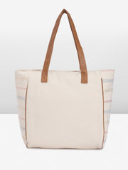 PRIMROSE Striped Canvas Tote Bag with Tassel Beige and Pink