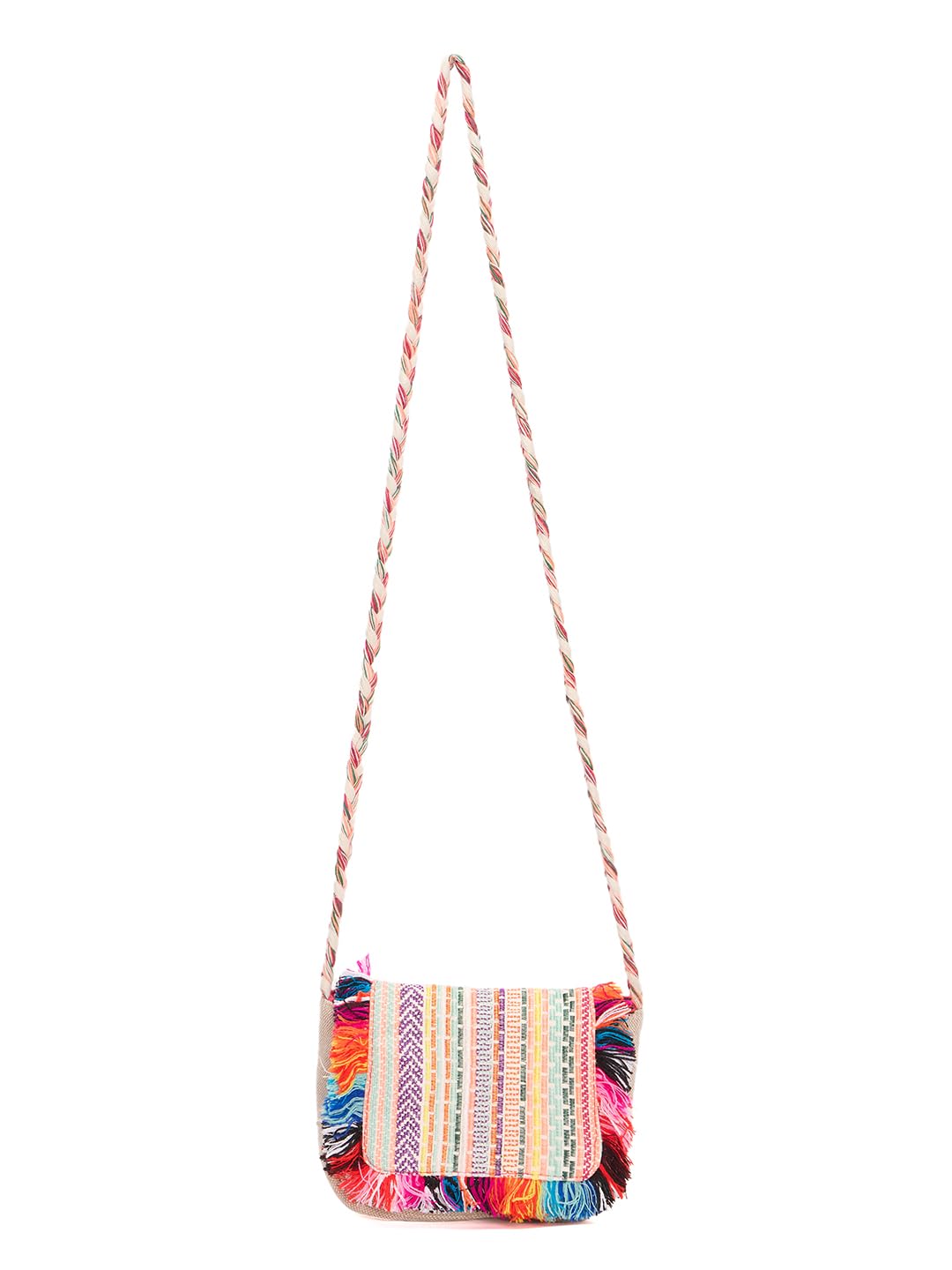 RIMROCK Bohemian Crossbody Bag, Multicolour Fringe Trim, Braided Strap, Woven Pattern