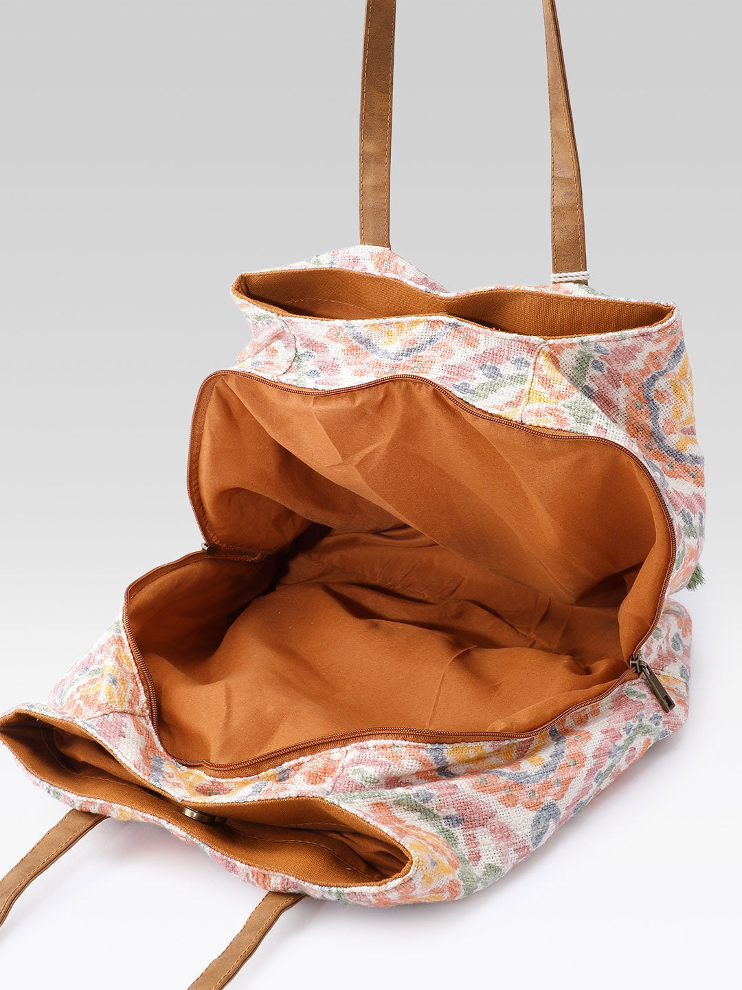 PRIMROSE Woven Tote Bag with Colorful Geometric Pattern, Tassel Detail (Multi)