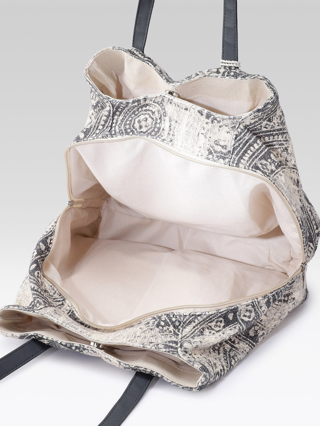 PRIMROSE Woven Tote Bag with Colorful Geometric Pattern, Tassel Detail (Blue and Beige)